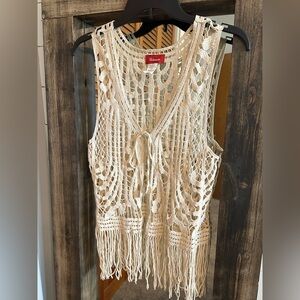 Panhandle Crochet Fringe Vest Boho Western Open Knit Size L